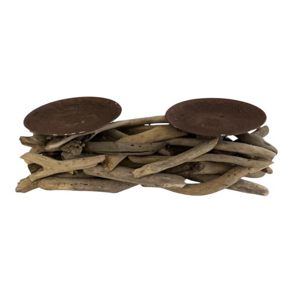 Rustic Driftwood and Metal Double Candle Holder – Coastal Beach House Centerpiec - Picture 1 of 5